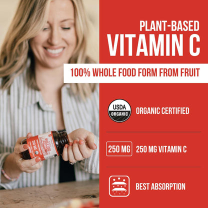 Triquetra Health Plant-C supplement bottle detailing the 250 mg organic fruit ingredients.