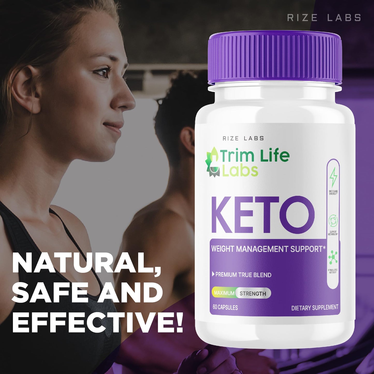 Authentic USA imported Rize Labs Trim Life Labs Keto ACV dietary pills close up bottle presentation.