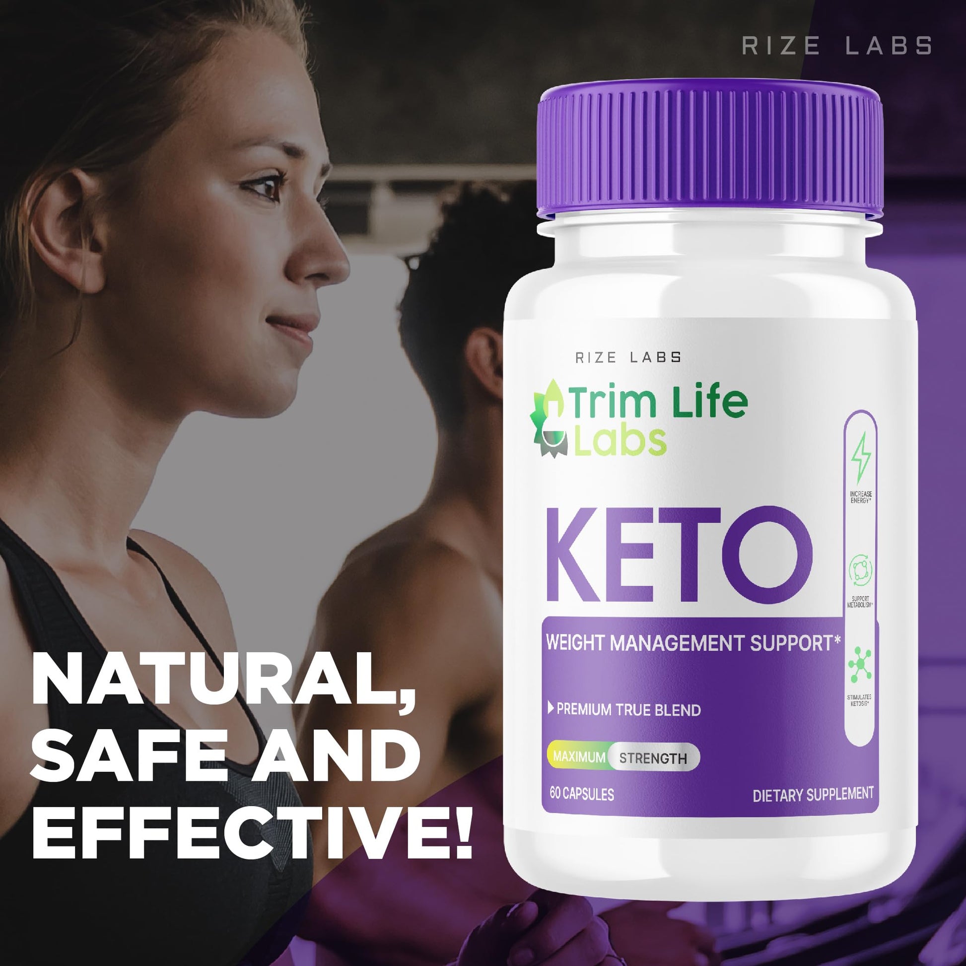 Authentic USA imported Rize Labs Trim Life Labs Keto ACV dietary pills close up bottle presentation.