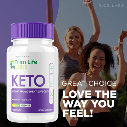 Rize Labs Trim Life Keto ACV maximum strength formulation packaging highlighting fat burning and metabolic support.