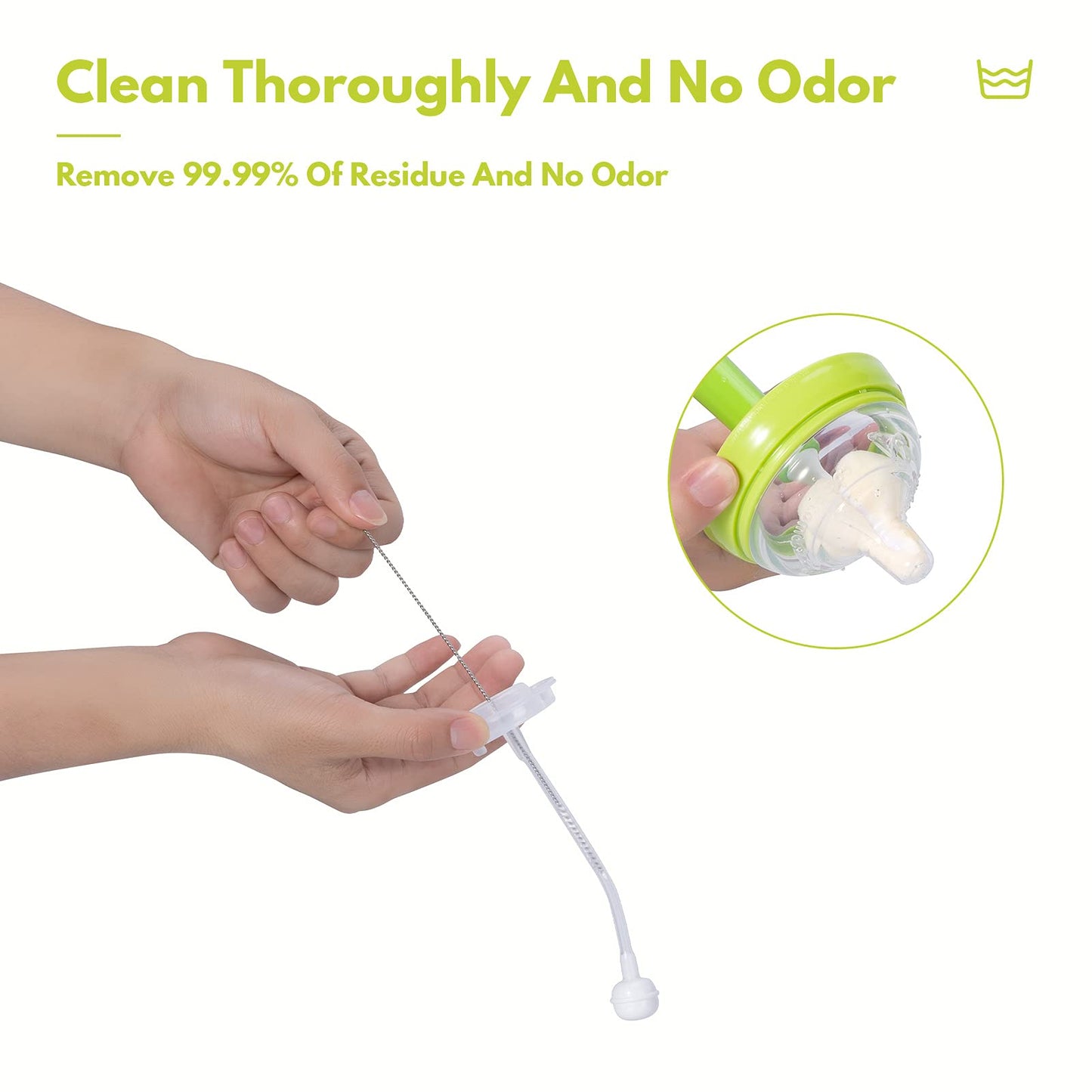 Using straw cleaning brush on a baby bottle straw