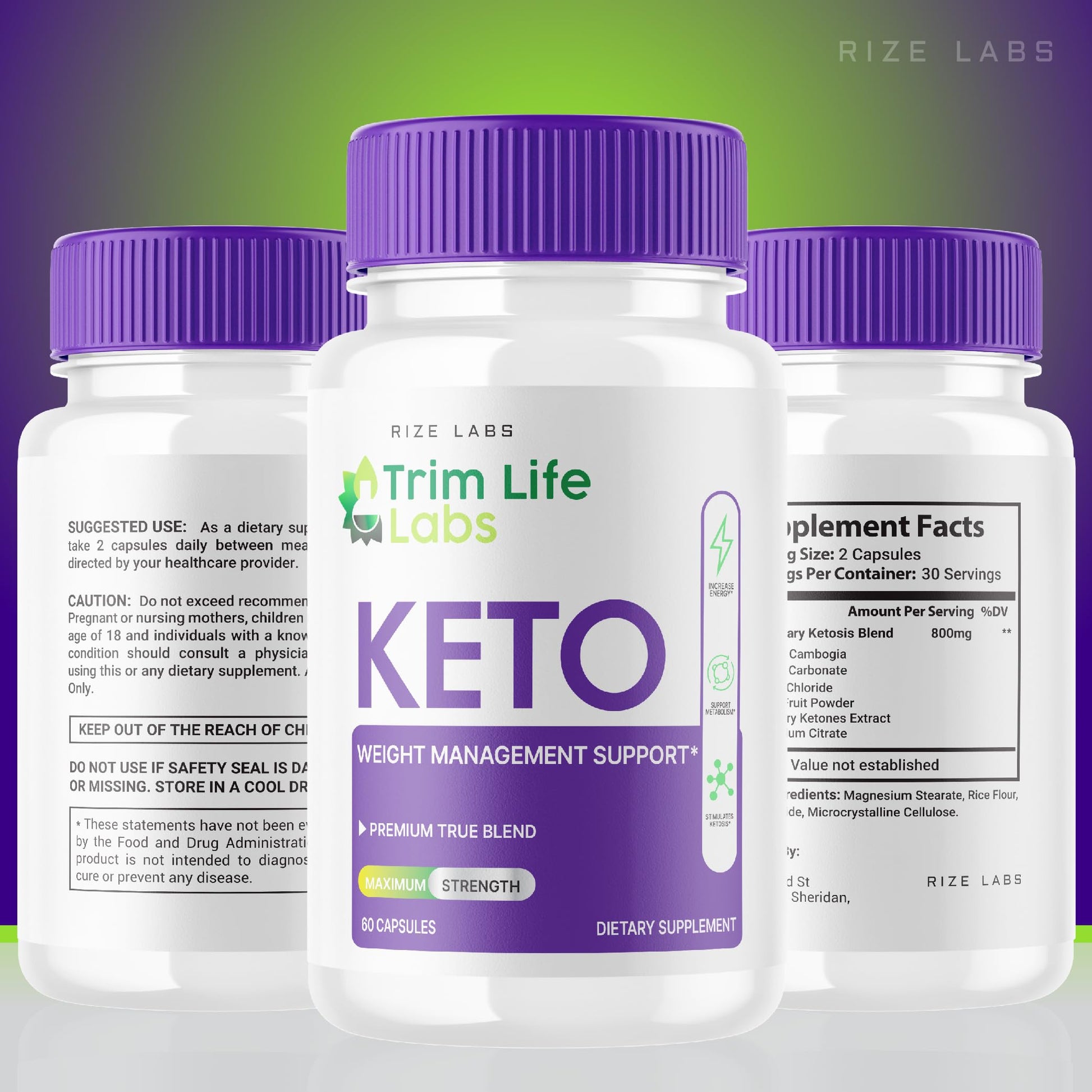 Rize Labs Trim Life weight management supplement packaging showing clear consumer safety and manufacturing information.