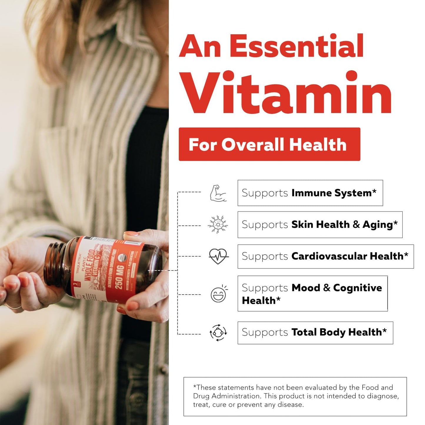 Close up of Triquetra Vitamin C supplement bottle emphasizing USDA organic and non-GMO seals.
