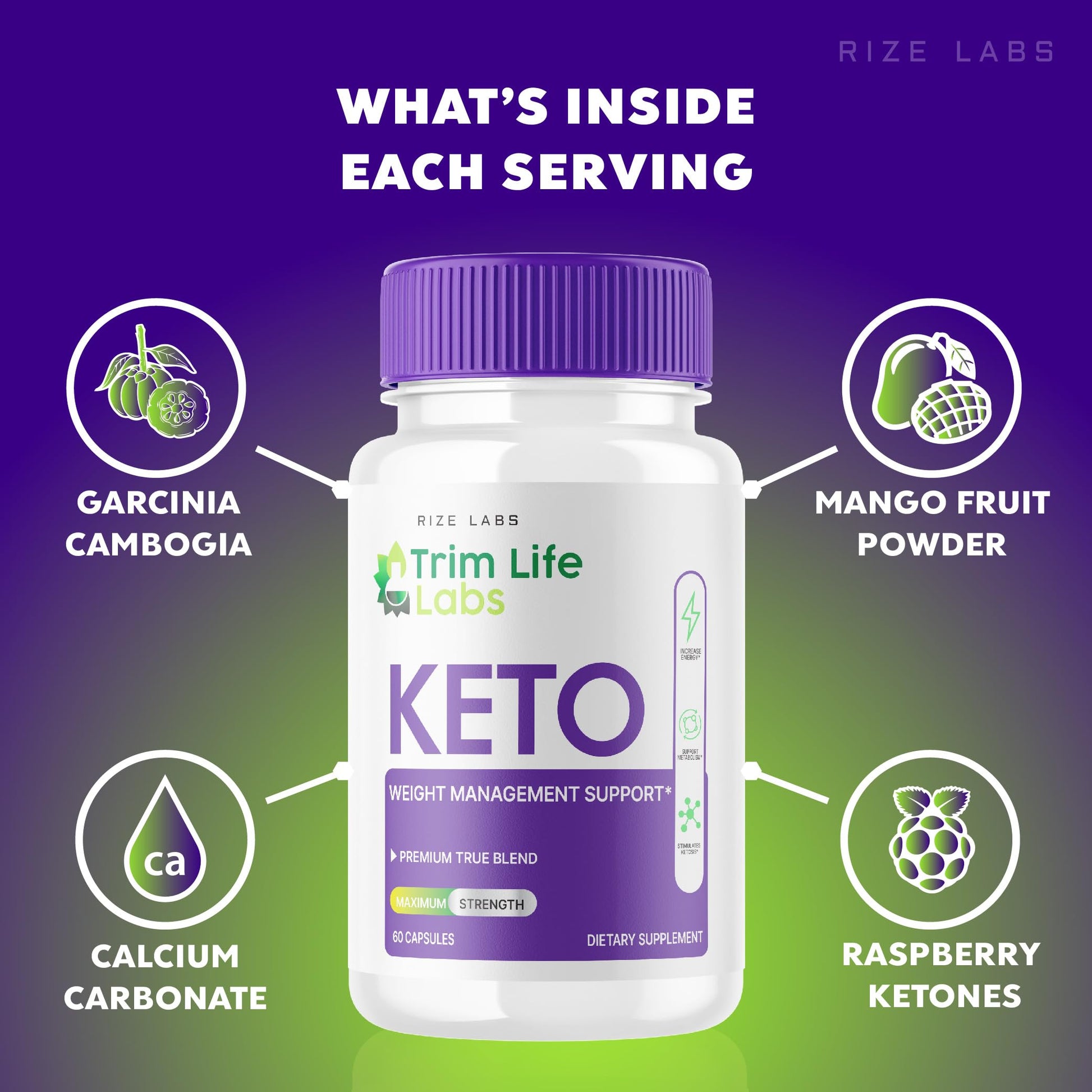 Full multipack view of the USA manufactured Rize Labs Trim Life Keto ACV three hundred capsules bottle display.