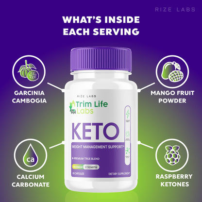 Full multipack view of the USA manufactured Rize Labs Trim Life Keto ACV three hundred capsules bottle display.