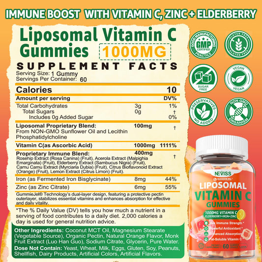 NEVISS high absorption liposomal vitamin C sugar free orange flavor gummies supplement details