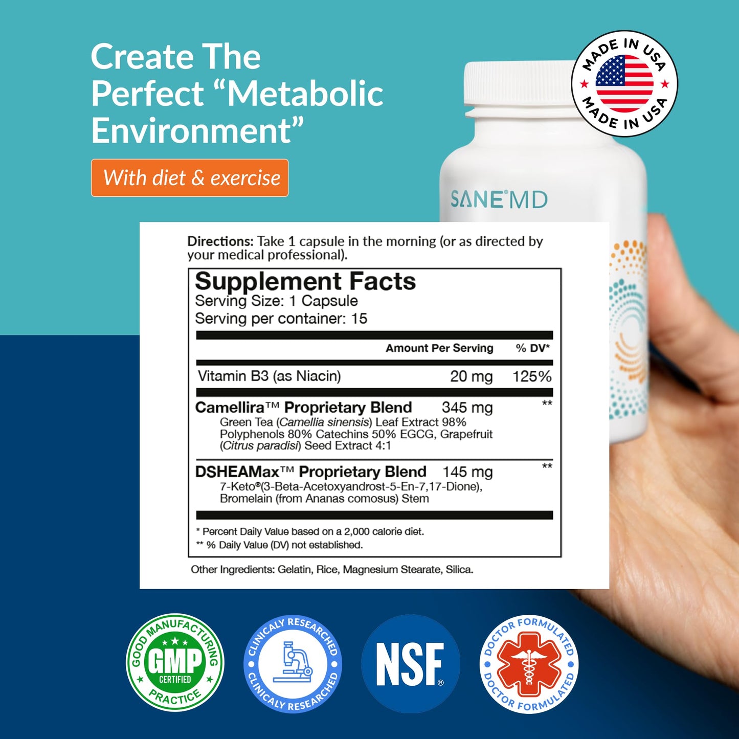 Bestvite SANE Luminae 15 capsules packaging showing NSF certified logo and ingredient facts.