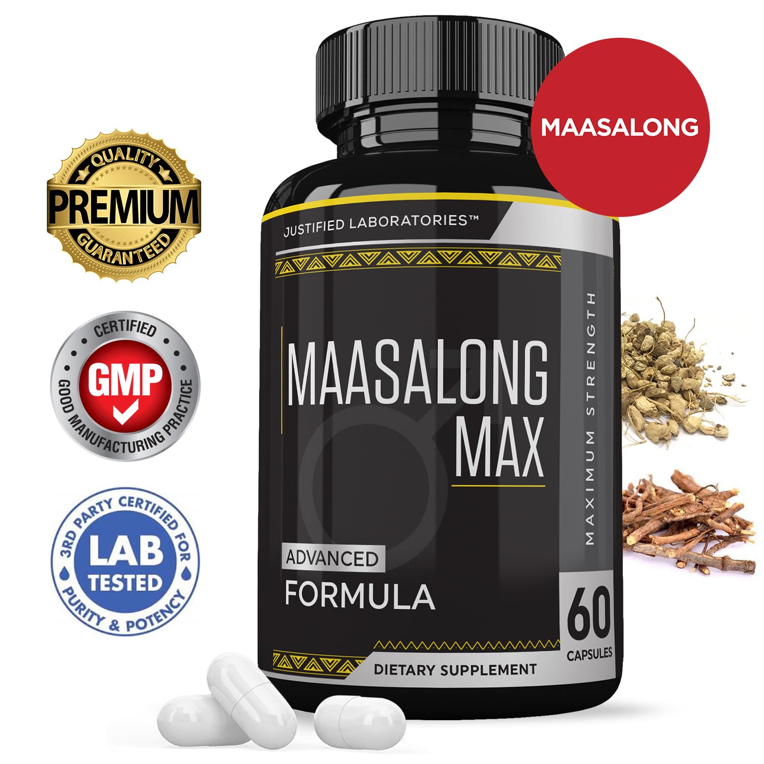 Justified Laboratories Maasalong Max premium men's health supplement bottle side view detailing the proprietary formula facts.
