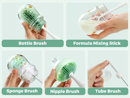 Close up of Momcozy bottle brush cleaning baby nipple