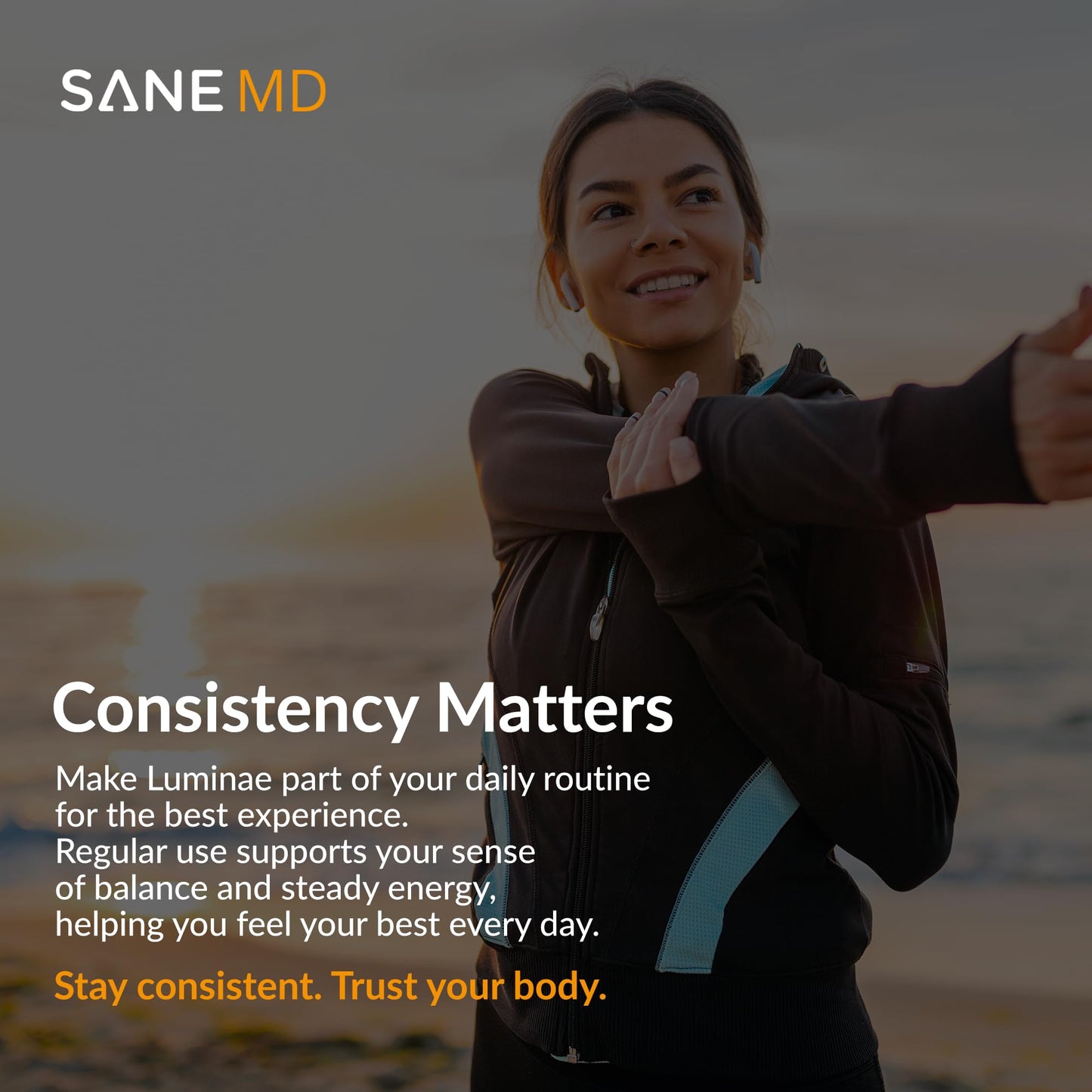Therapeutic grade Bestvite SANE Luminae metabolism wellness supplement bottle on clean background.