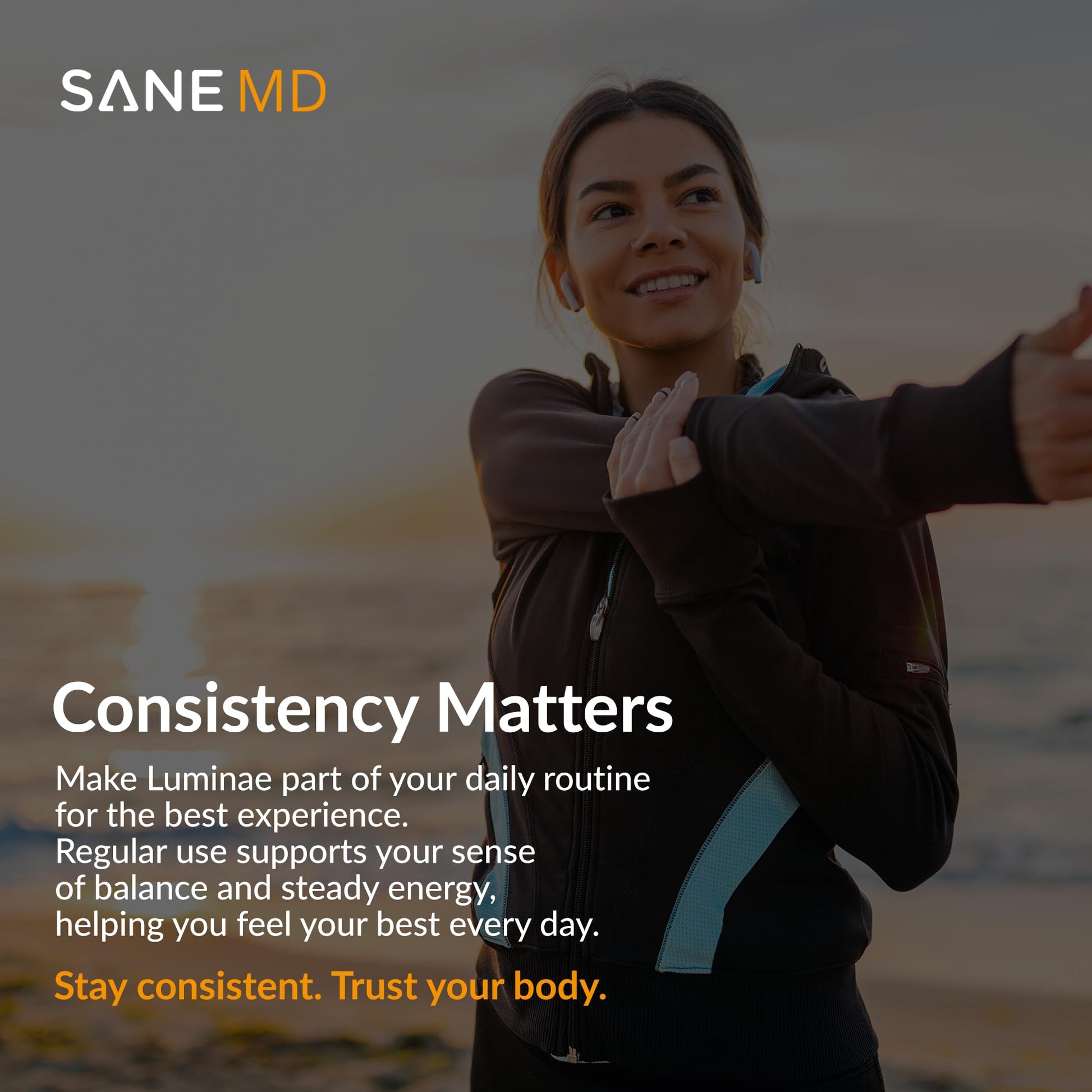 Therapeutic grade Bestvite SANE Luminae metabolism wellness supplement bottle on clean background.