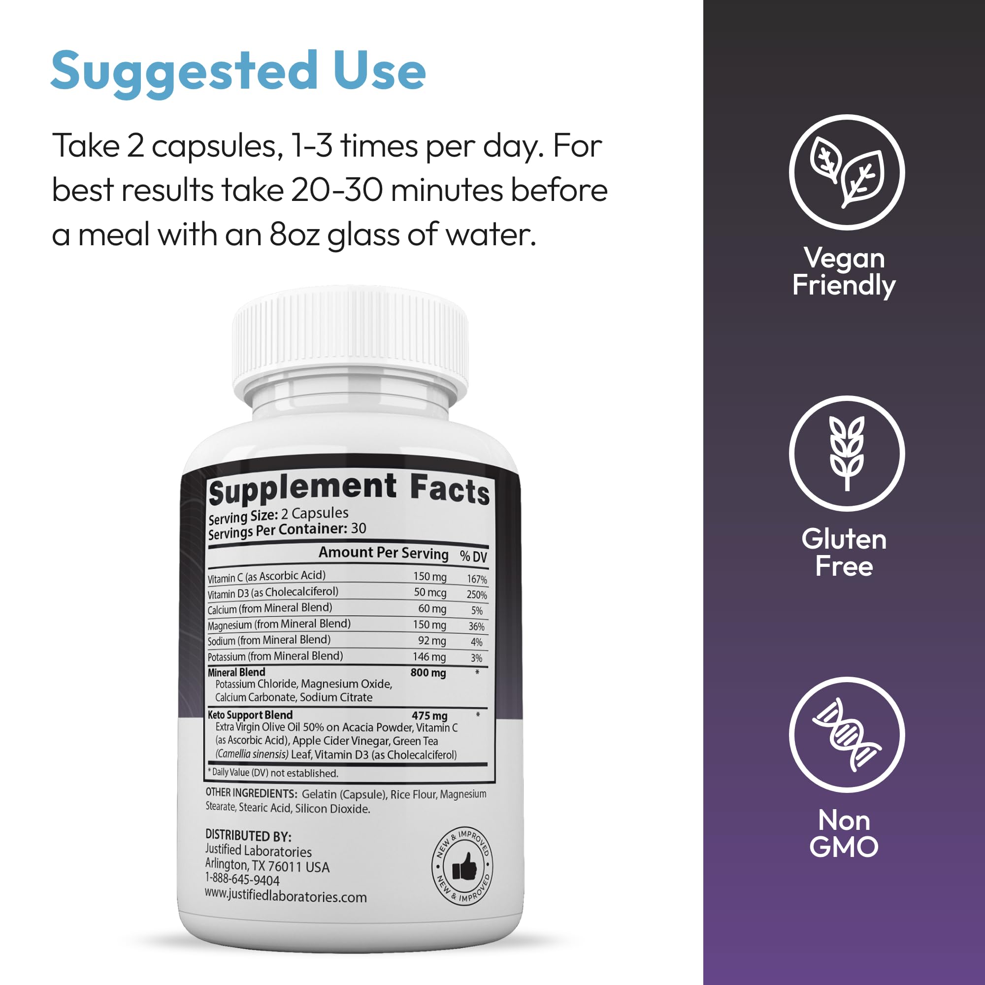 Justified Laboratories Advanced Keto 1500 supplement facts label listing apple cider vinegar and electrolytes.