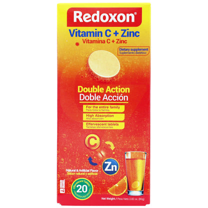 Redoxon orange flavored effervescent daily dietary supplement tube side view showing directions