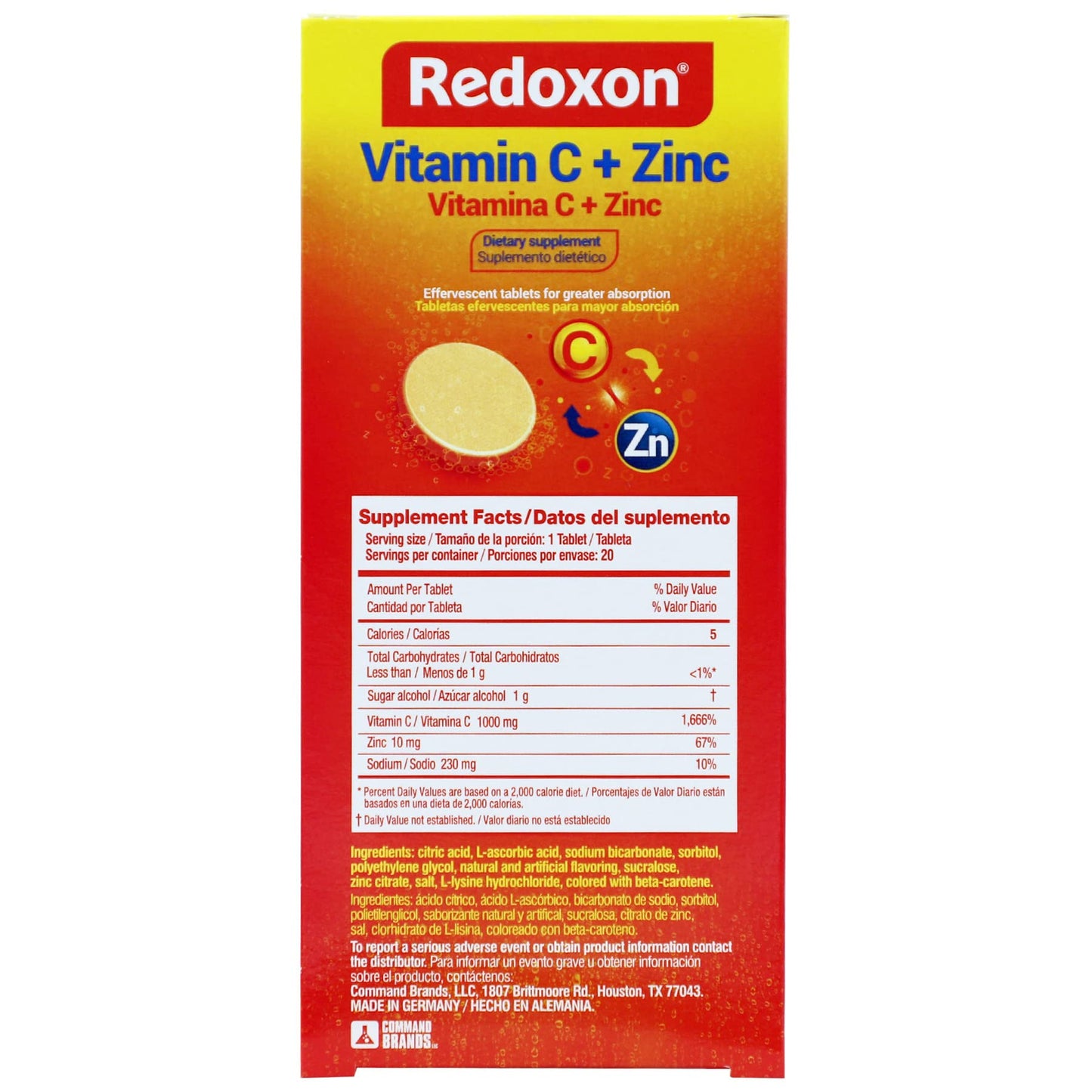 Redoxon twenty count immune system defense tablets nutritional facts label closeup