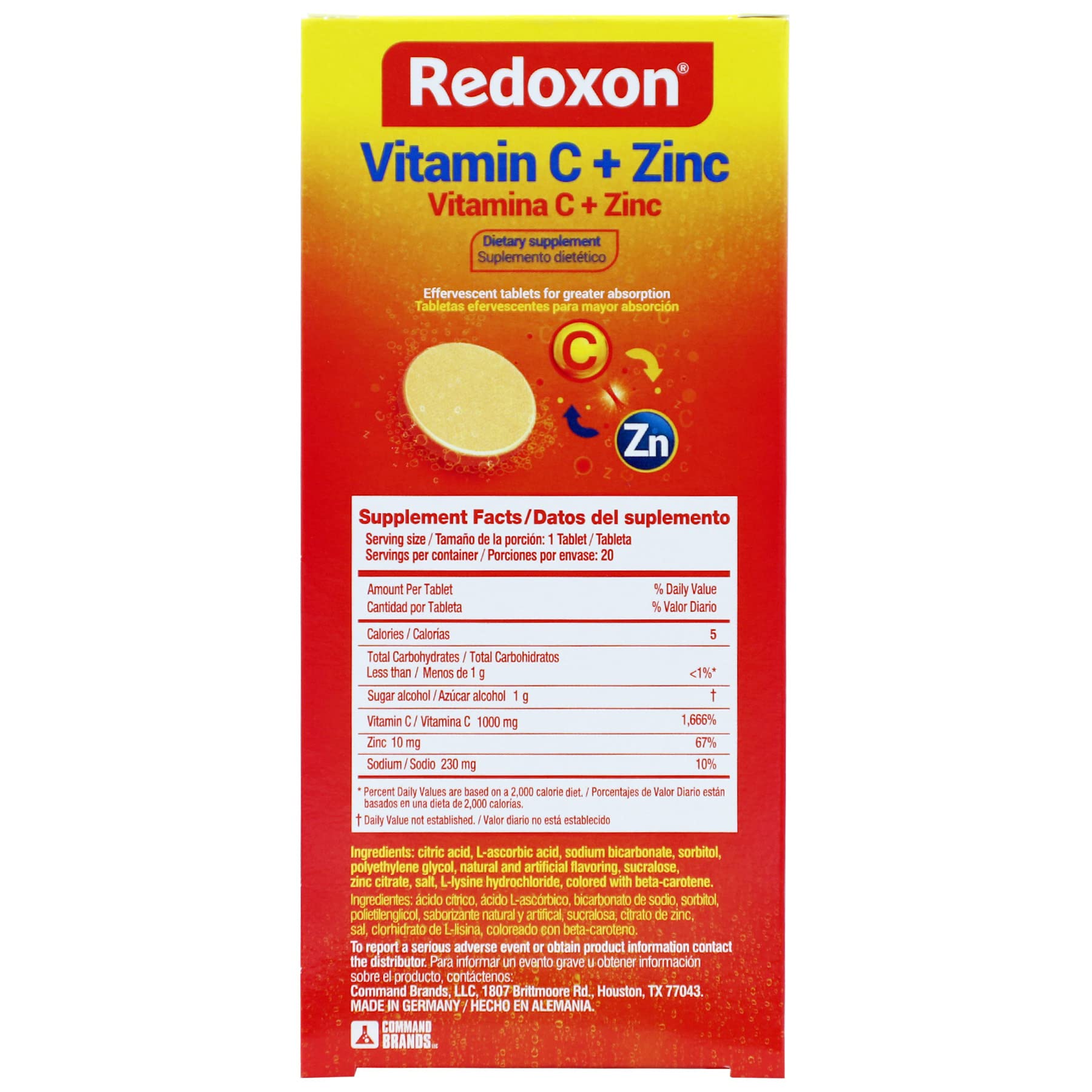 Redoxon twenty count immune system defense tablets nutritional facts label closeup