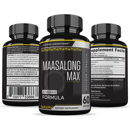 Justified Laboratories Maasalong Max 1600mg authentic health supplement bottle standing upright showcasing secure factory sealing.