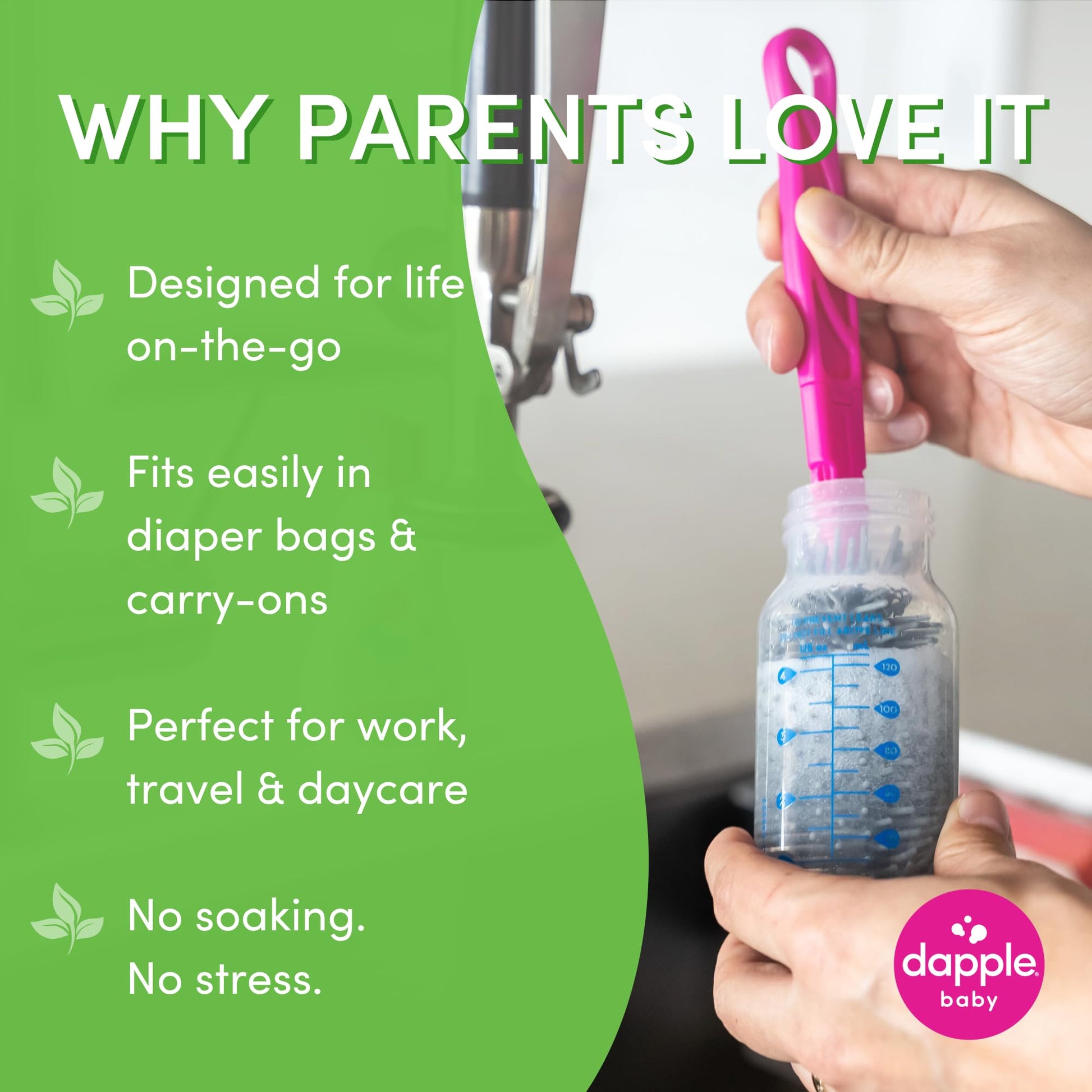 Three specialized breast pump cleaning brushes included in the Dapple kit