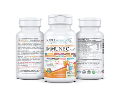 Kappa Nutrition Immune C Plus supplement facts label displaying Vitamin C, Zinc, and D3 dosage.