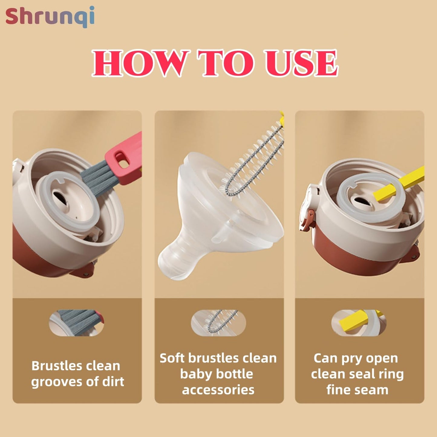 Shrunqi multifunctional bottle gap cleaner showing silicone brush head