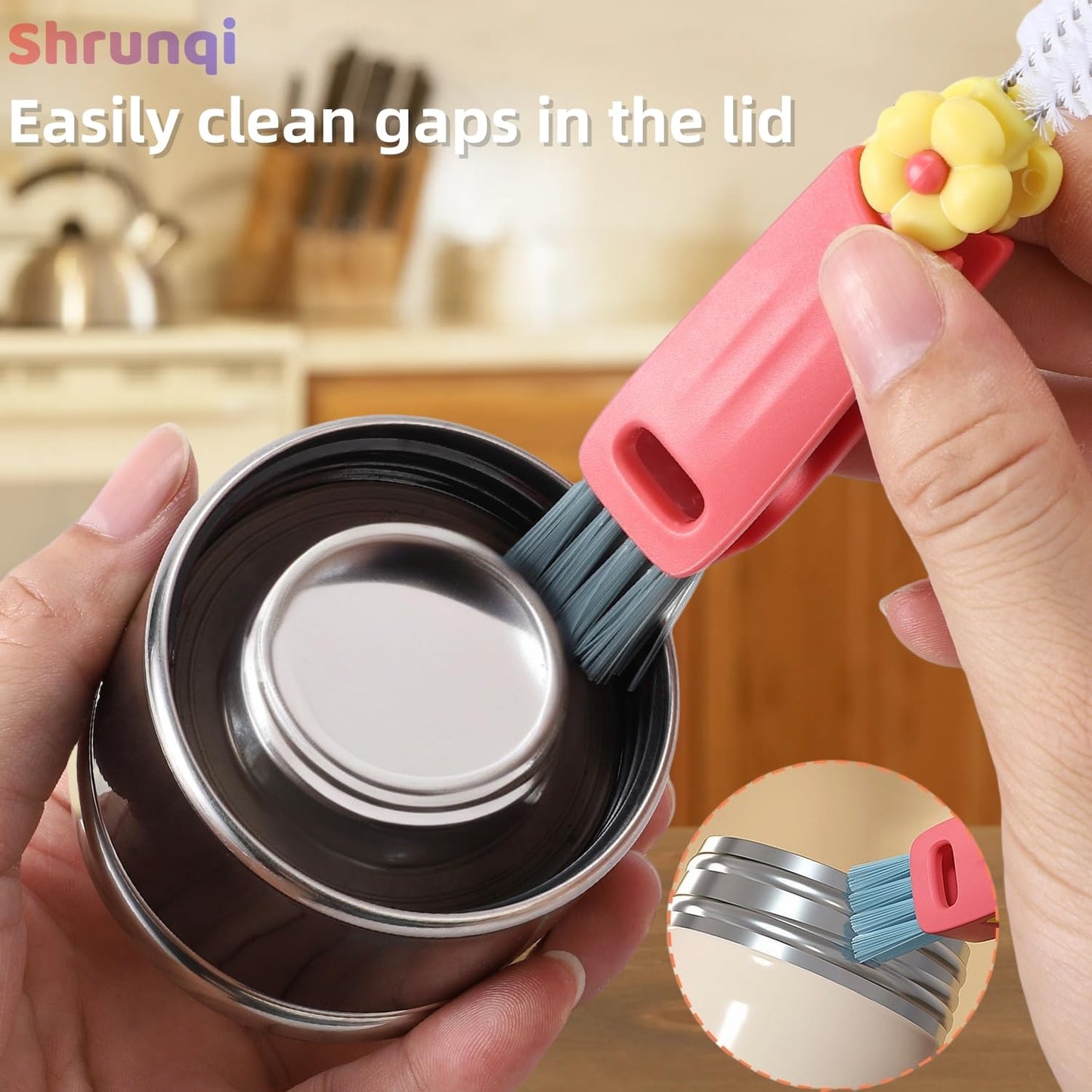 3 in 1 cup lid cleaning brush set demonstrating crevice cleaning