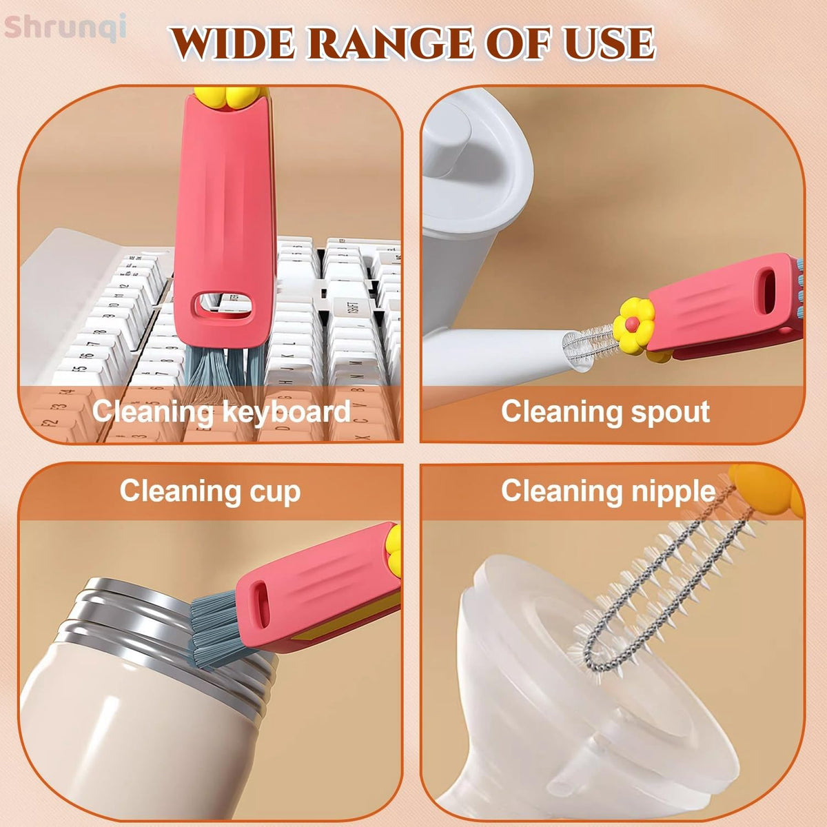 Detailed view of Shrunqi 3 in 1 bottle cleaning tool tips