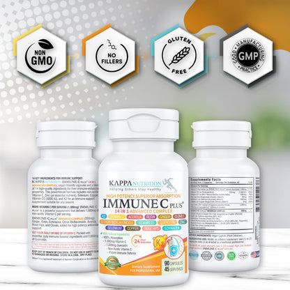 Kappa Nutrition Immune C Plus bottle angled shot showing premium quality manufacturing details.