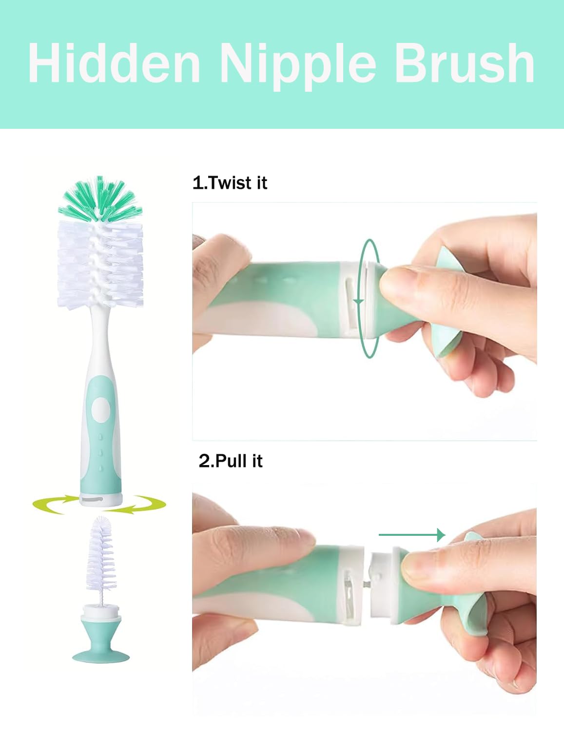 Green nylon baby bottle brush with suction cup base