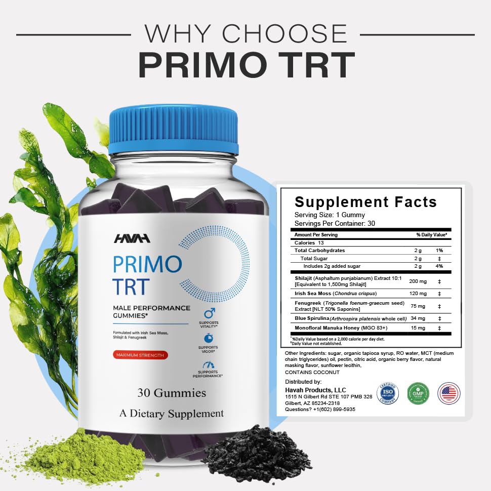 Havah Primo TRT gummies supplement label showing clean ingredients including Vitamin B12 and Shilajit.