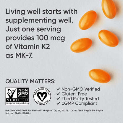 Sports Research Vitamin K2 MenaQ7 non-GMO certified vegan bottle showcasing cardiovascular support benefits.