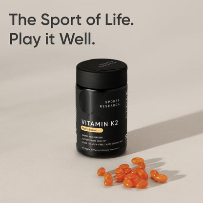 Side view of Sports Research Vitamin K2 bottle displaying directions for use and manufacturing details.