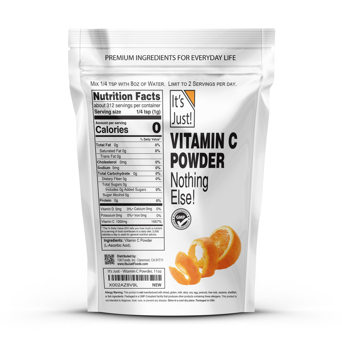 It's Just! Vitamin C Powder nutritional facts label