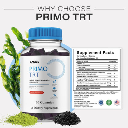 Vitaluxa Primo TRT Maximum Strength supplement label details showing natural ingredients.