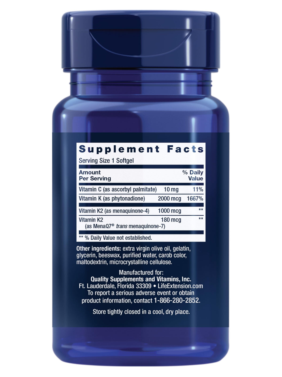 Life Extension Super K dietary supplement nutritional facts label