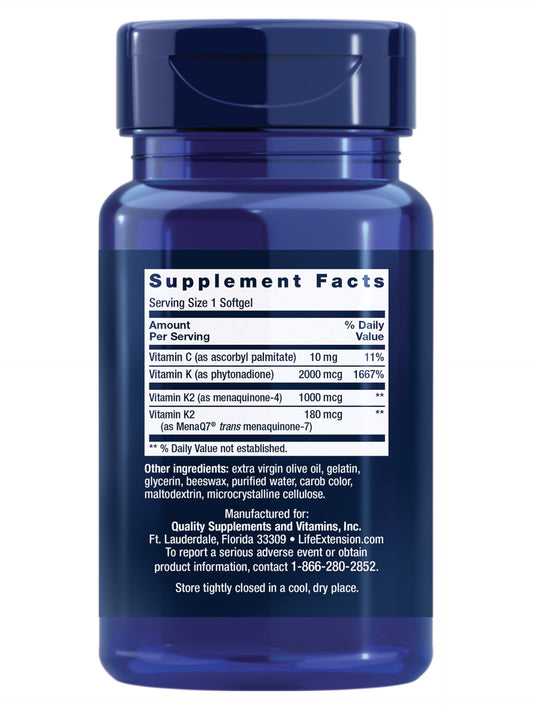 Life Extension Super K supplement bottle showing supplement facts and dosage instructions.