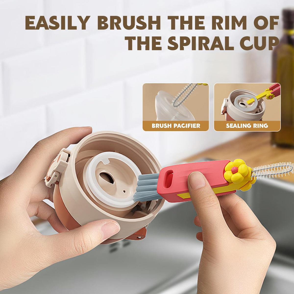 Three piece multifunctional cleaning brush for bottle gaps