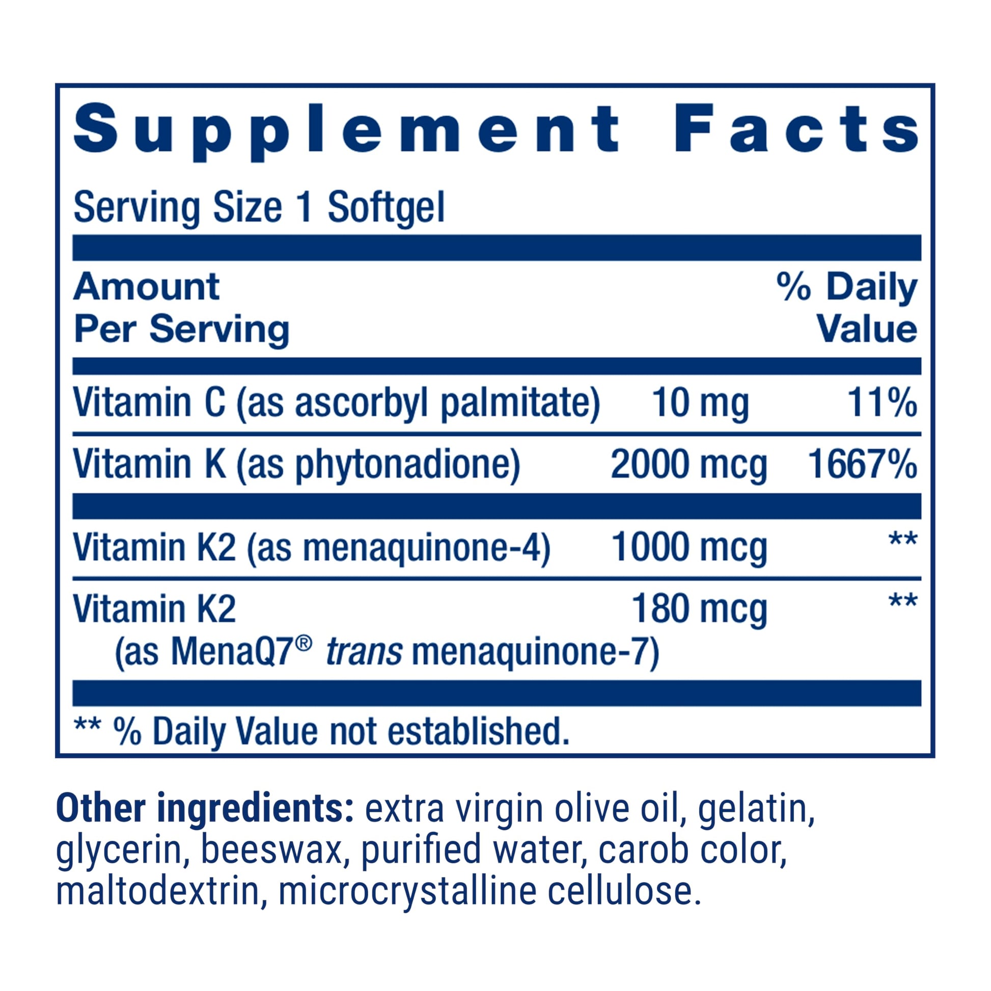 Life Extension Vitamin K complex 90 softgels showing gluten-free and non-GMO labels.