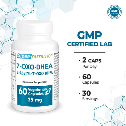 Side label view of imported non-hormonal 7-OXO DHEA supplement detailing manufacturing and non-GMO quality assurances.