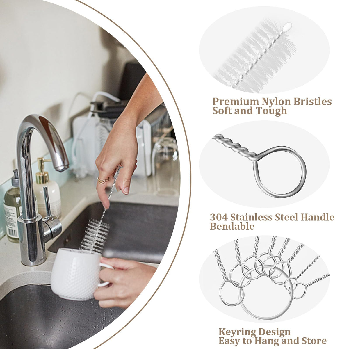 Different brush head sizes for narrow pipe and straw cleaning
