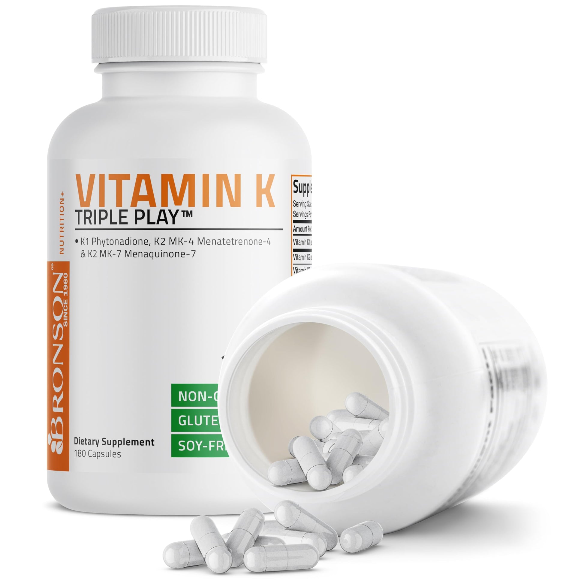 Bronson Vitamin K Triple Play 180 capsule count package size comparison view