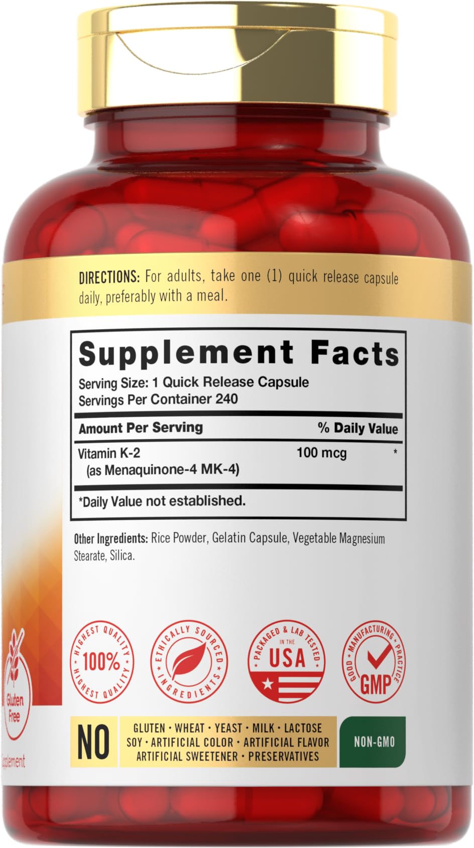 Carlyle Vitamin K2 supplement showing nutritional facts panel and non gmo clear certification labels