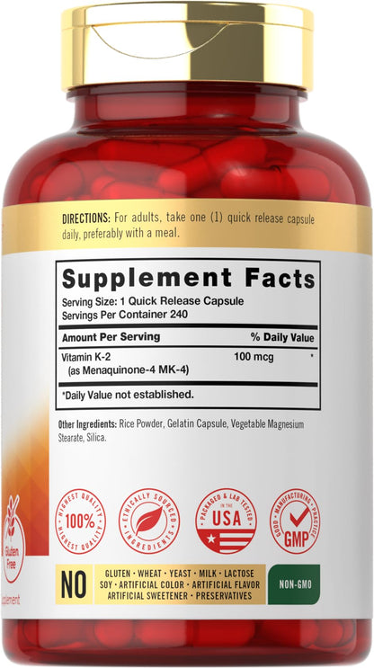 Carlyle Vitamin K2 supplement showing nutritional facts panel and non gmo clear certification labels