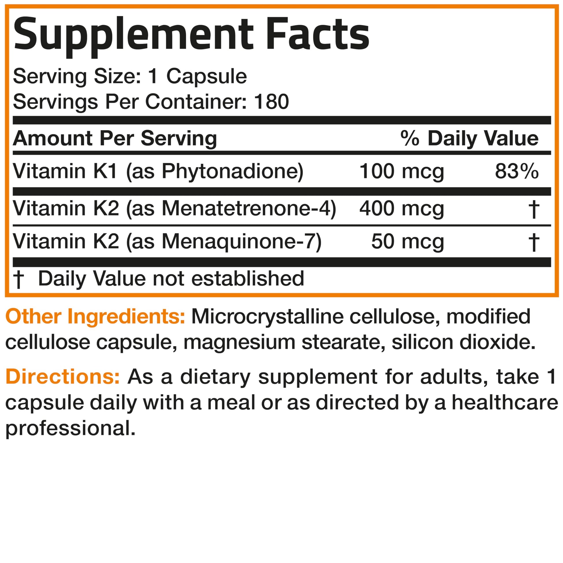 Bronson multi form Vitamin K supplement close up view highlighting easy to swallow capsules