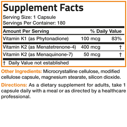 Bronson multi form Vitamin K supplement close up view highlighting easy to swallow capsules