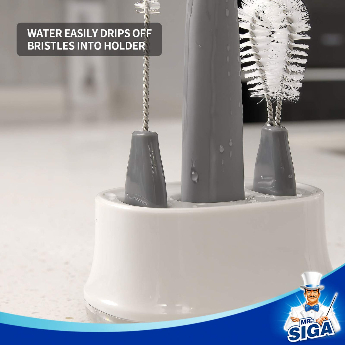 Side profile of the Mr. Siga grey and white bottle cleaning kit