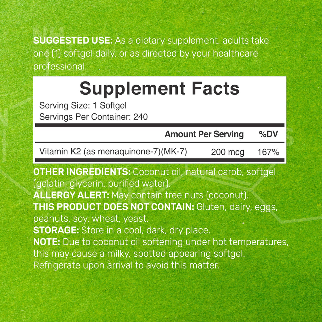 Deal Supplement Vitamin K2 MK7 nutritional supplement label closeup displaying ingredients and dosage.