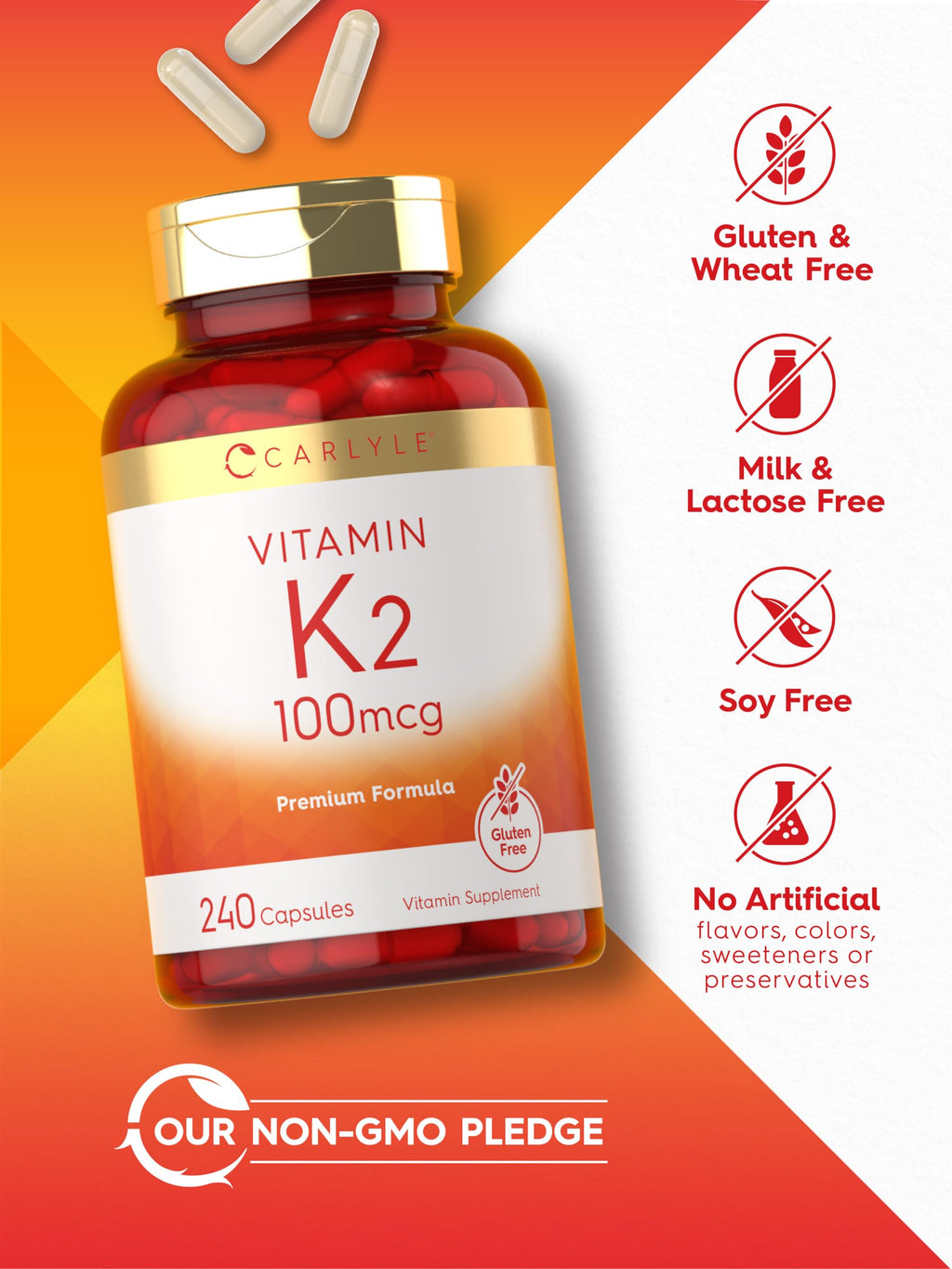 Carlyle Vitamin K2 240 count bottle shown beside its product packaging box