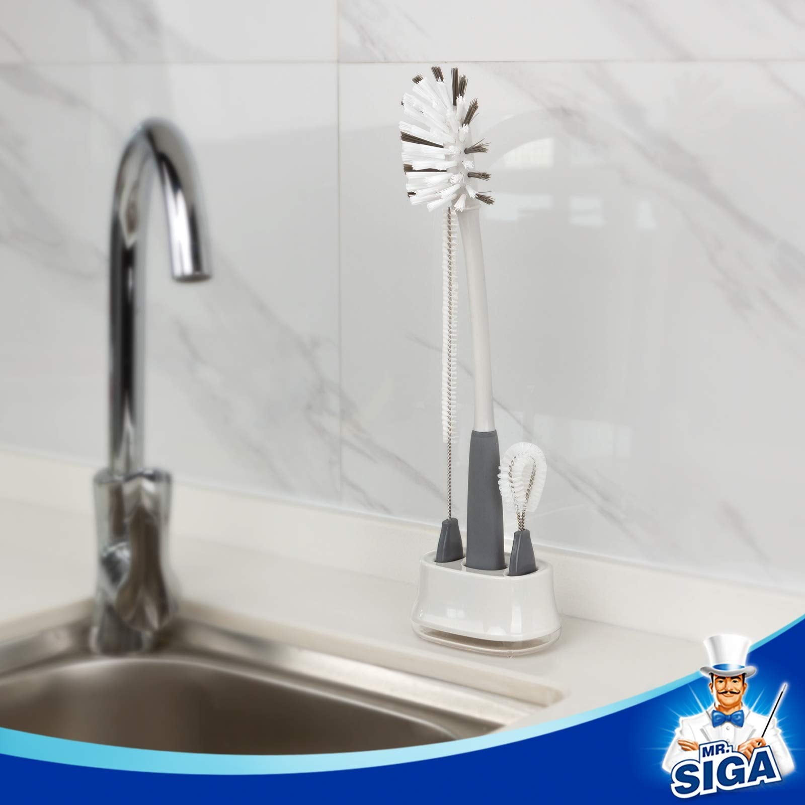 Storage holder for Mr. Siga brushes showing the water drainage spout