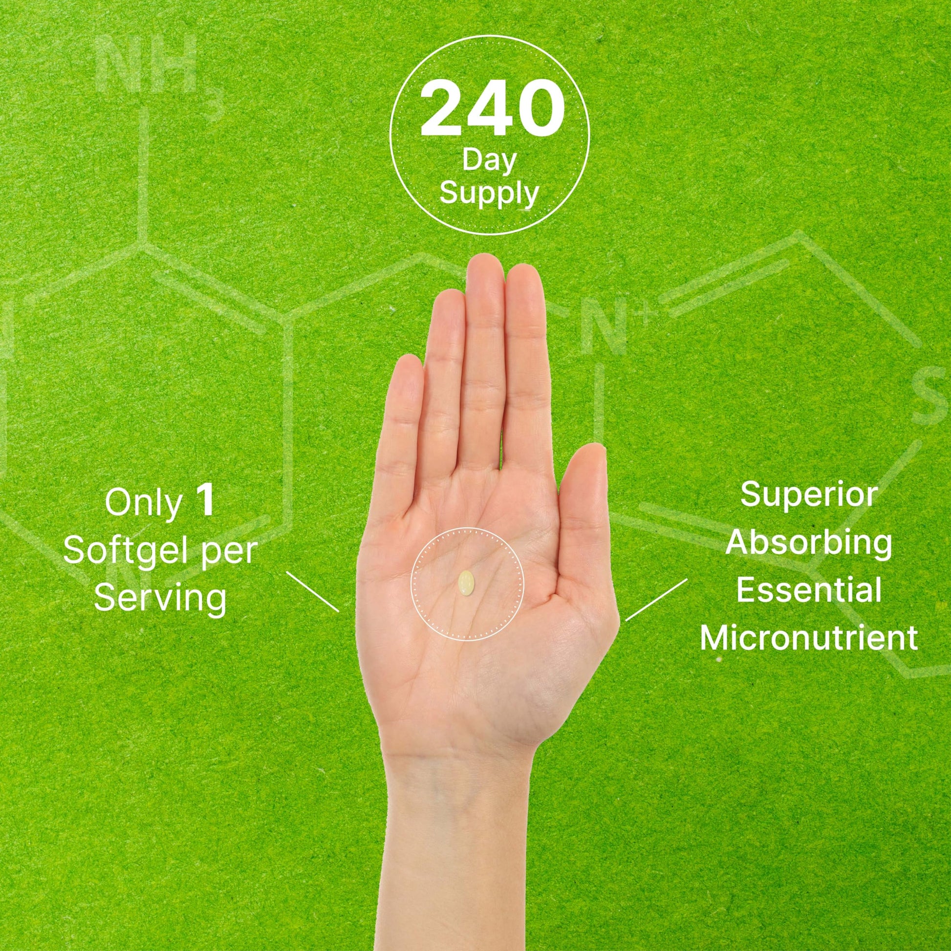 Close-up of the easy-to-swallow liquid softgels containing active USA imported Vitamin K-2 formula.