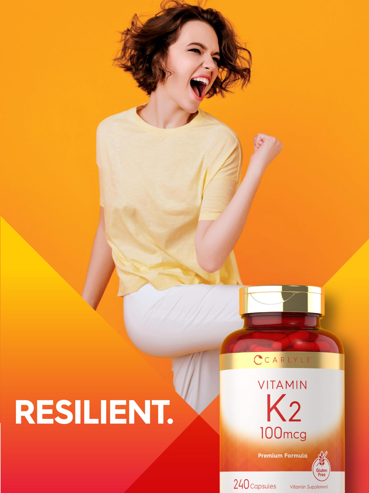 Side angle view of Carlyle Vitamin K2 capsule bottle showing serving size details