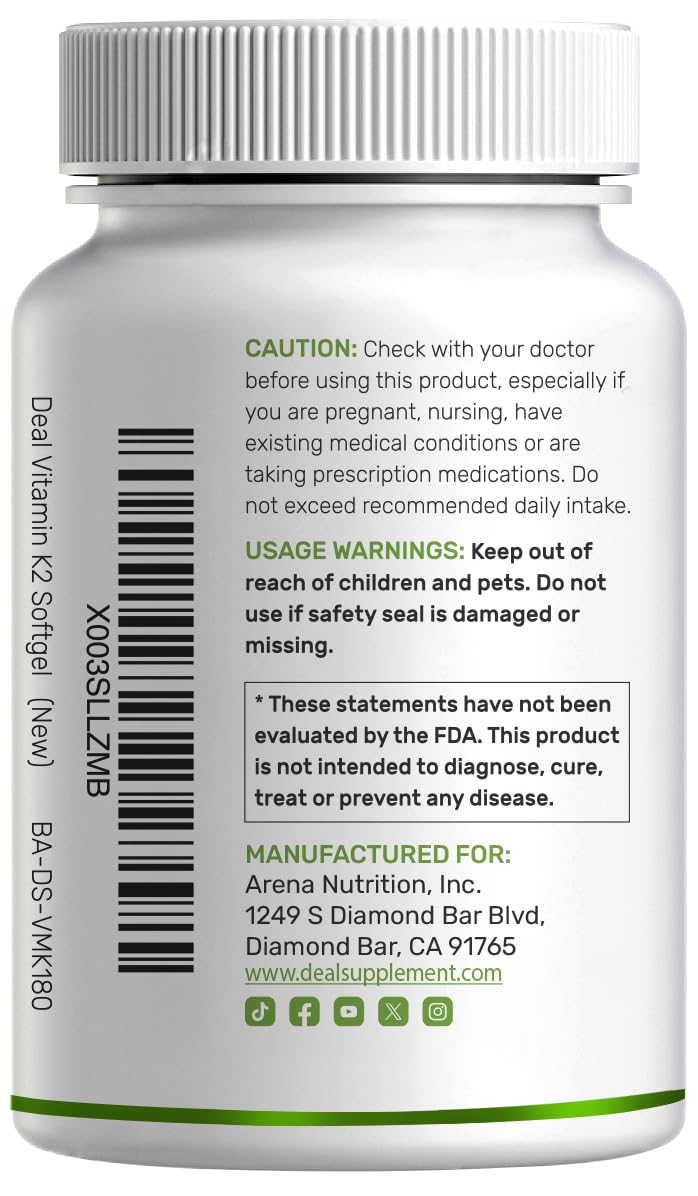 Deal Supplement Vitamin K2 MK7 packaging emphasizing bone joint and immune support features.
